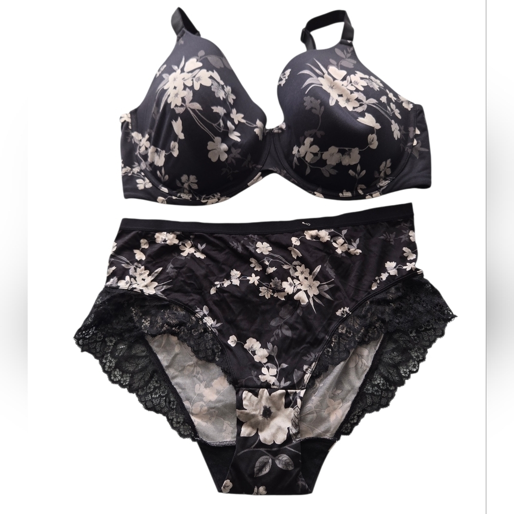 Auden Black and White Floral Bra And Panty Set 42DDD/2X - Picture 4 of 6
